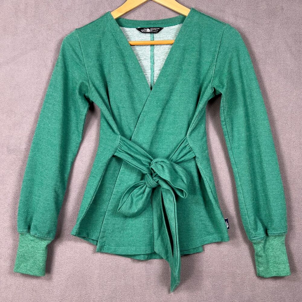 The North Face Green French Terry Wrap Top Size S Long Sleeve Tie Front Cardigan